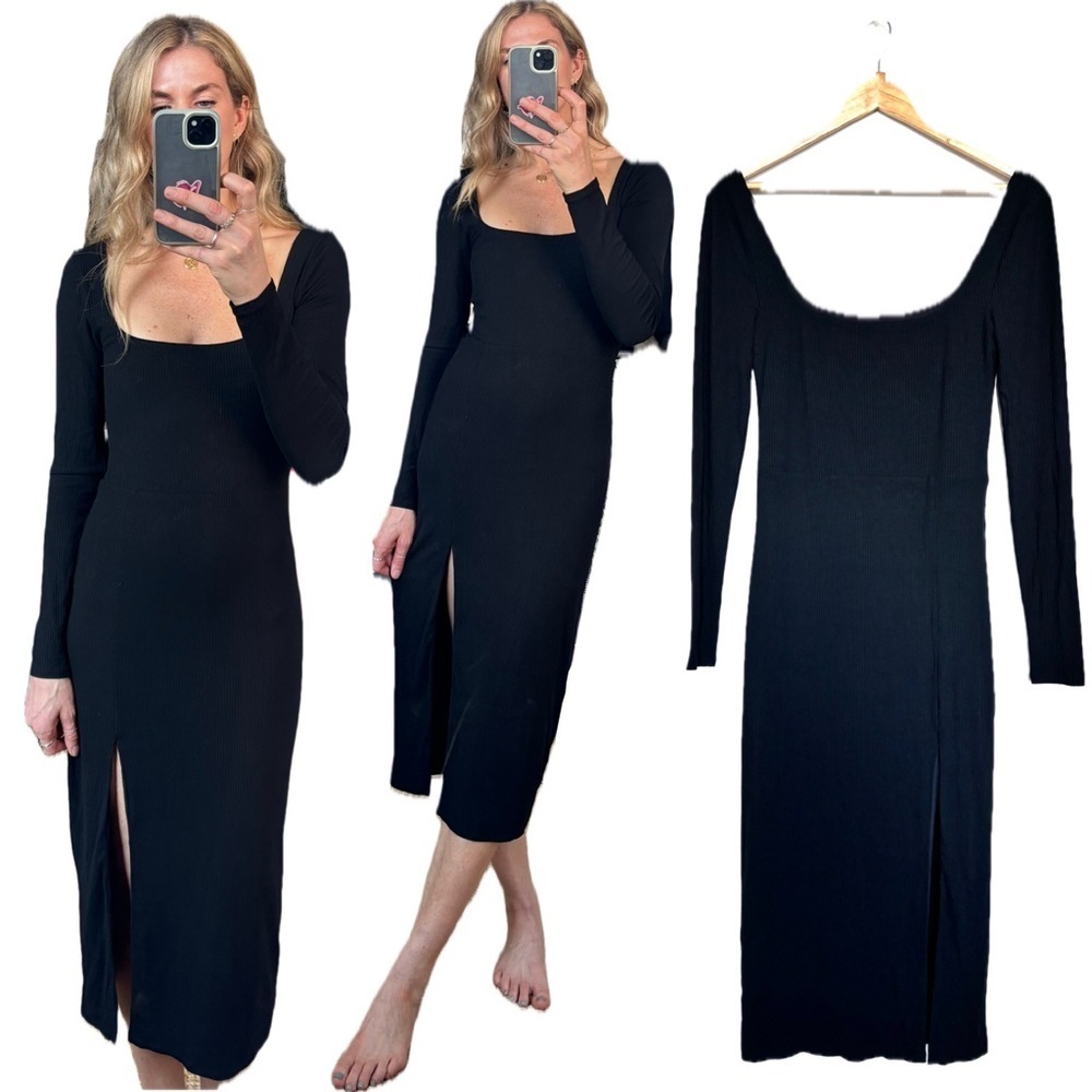 NWT Lovers + Friends Ribbed Square Neck Bodycon Long Sleeve Slit Midi Dress